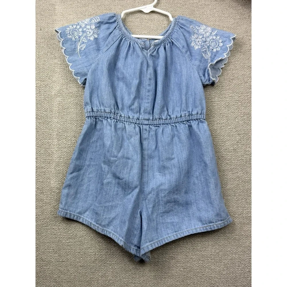 Old Navy Girls Chambray Romper Embroidered Flutter Sleeve 5T Blue